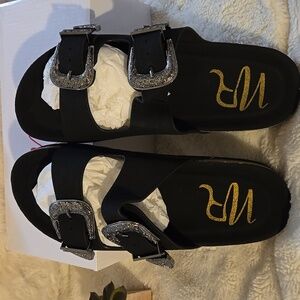 Stylish Black Suede Sandals with Silver Buckles Size 9 By NR